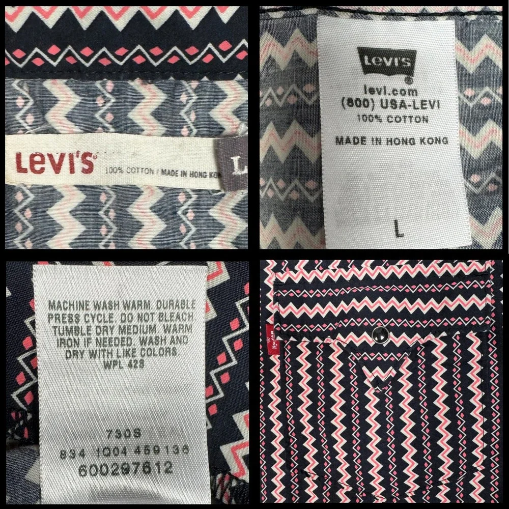 Levi's Western Shirt Geometric Zigzag Pearl Snap Mens Large Pink Black Rodeo Vtg